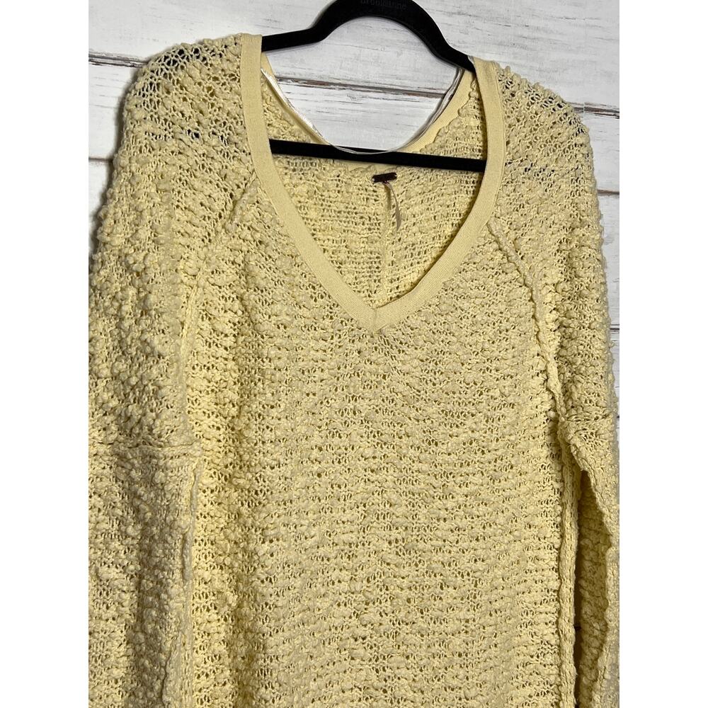 Free People Songbird Butter Yellow Knit Cotton V-Neck Sweater Small Boho - Picture 9 of 9